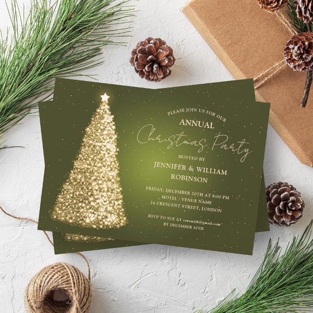 Elegant Gold Green Xmas Tree Sparkle Holiday Party Invitation (Elegant Gold Green Xmas Tree Sparkle Holiday Party Invitation)