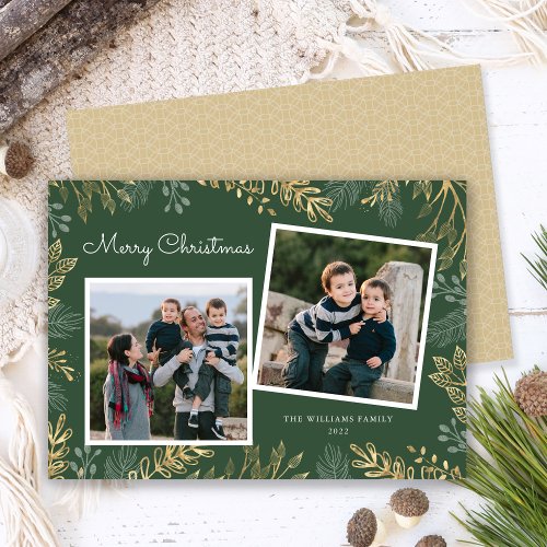 Elegant Gold Greenery 2 Photos Happy Holidays Holiday Card