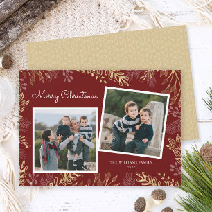 Elegant Gold Greenery 2 Photos Peace Love & Joy Holiday Card