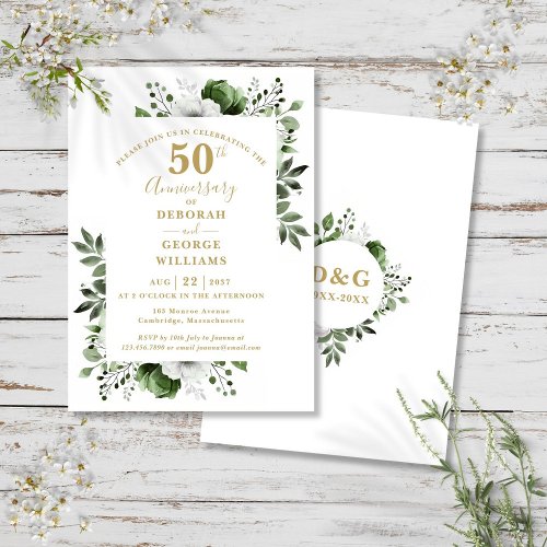 Elegant Gold Greenery 50th Wedding Anniversary  Invitation