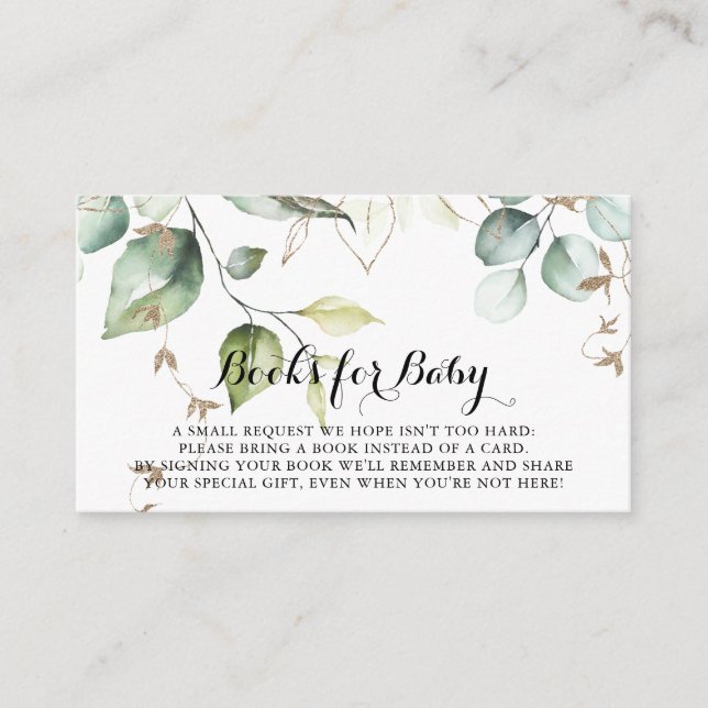 Elegant Gold Greenery Baby Shower Book Request Enclosure Card (Front)