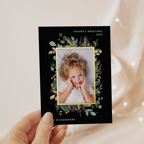 Elegant Gold Greenery  Black with Photo Foil Holiday Postcard