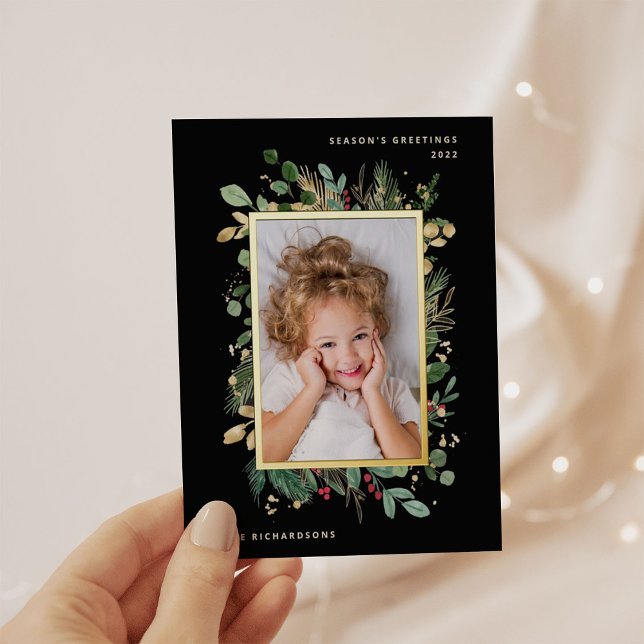 Elegant Gold Greenery | Black with Photo Foil Holiday Postcard (Creator Uploaded)