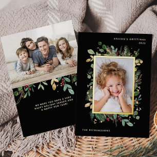 Elegant Gold Greenery   Black with Two Photos Foil Holiday Card