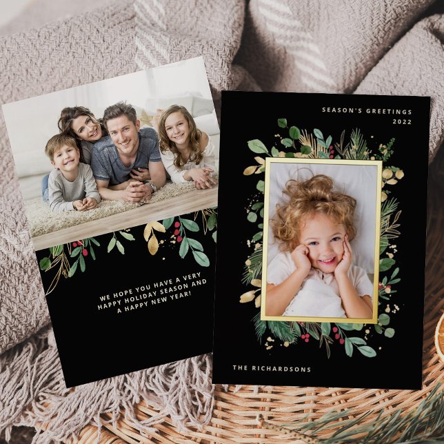 Elegant Gold Greenery | Black with Two Photos Foil Holiday Card (Creator Uploaded)