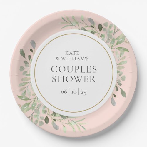 Elegant Gold Greenery Blush Pink Couples Shower Paper Plates