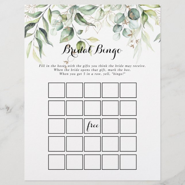 Elegant Gold Greenery Bridal Bingo Game (Front)