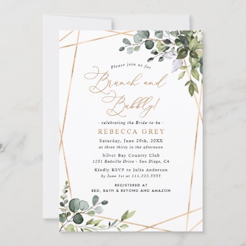 Elegant Gold Greenery Bridal Brunch  Bubbly Invitation