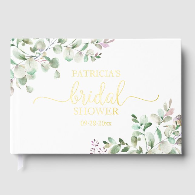 Elegant Gold Greenery Bridal Shower  Foil Guest Book (Front)