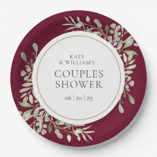 Elegant Gold Greenery Burgundy Couples Shower Paper Plates
