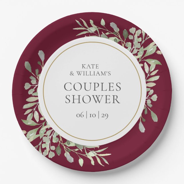 Elegant Gold Greenery Burgundy Couples Shower Paper Plates (Front)