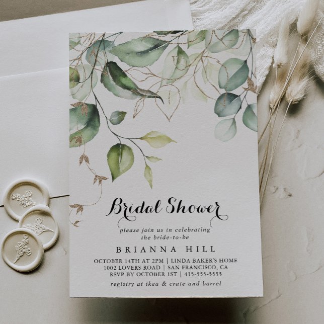 Elegant Gold Greenery Calligraphy Bridal Shower Invitation (Creator Uploaded)