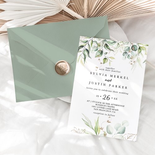 Elegant Gold Greenery Calligraphy Casual Wedding Invitation