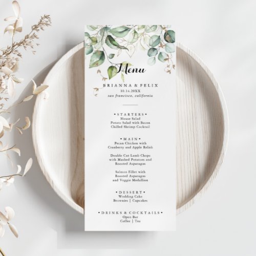 Elegant Gold Greenery Calligraphy Dinner Menu