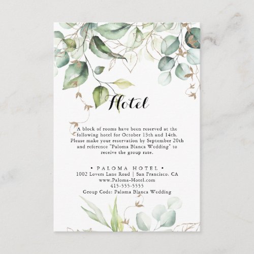 Elegant Gold Greenery Calligraphy Hotel Enclosure Card