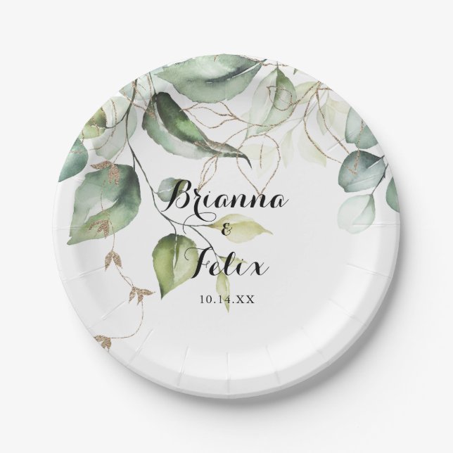Elegant Gold Greenery Calligraphy Wedding Cake Paper Plates (Front)