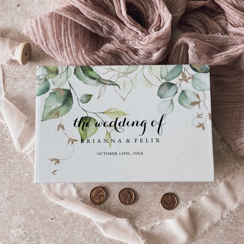 Elegant Gold Greenery Calligraphy Wedding Guest Book