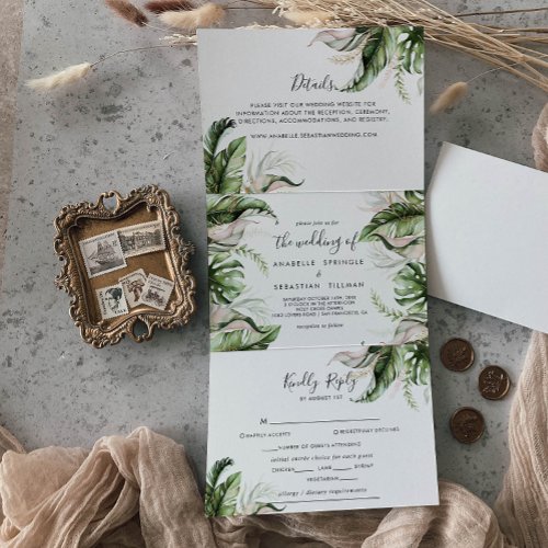 Elegant Gold Greenery Calligraphy Wedding Tri_Fold Invitation