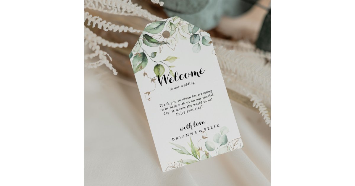 Elegant Gold Greenery Calligraphy Wedding Welcome Gift Tags | Zazzle