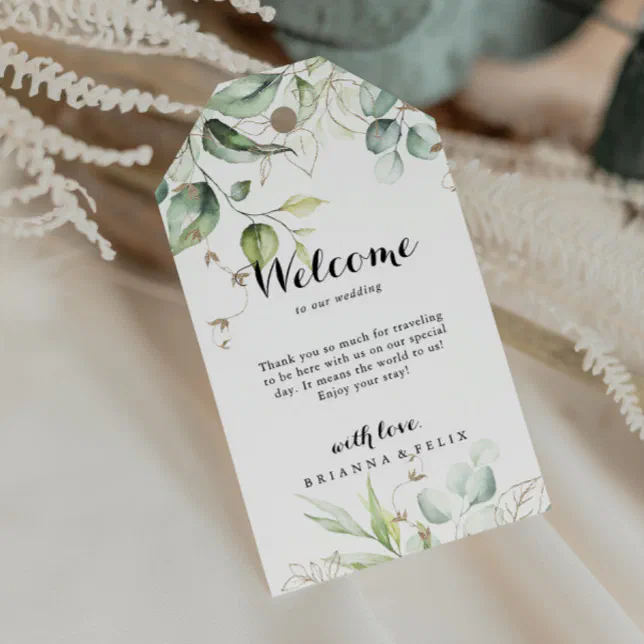 Elegant Gold Greenery Calligraphy Wedding Welcome Gift Tags | Zazzle