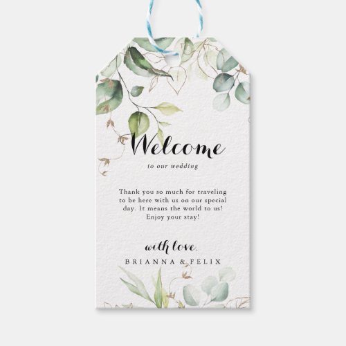 Elegant Gold Greenery Calligraphy Wedding Welcome Gift Tags