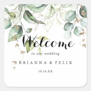 Elegant Gold Greenery Calligraphy Wedding Welcome Square Sticker