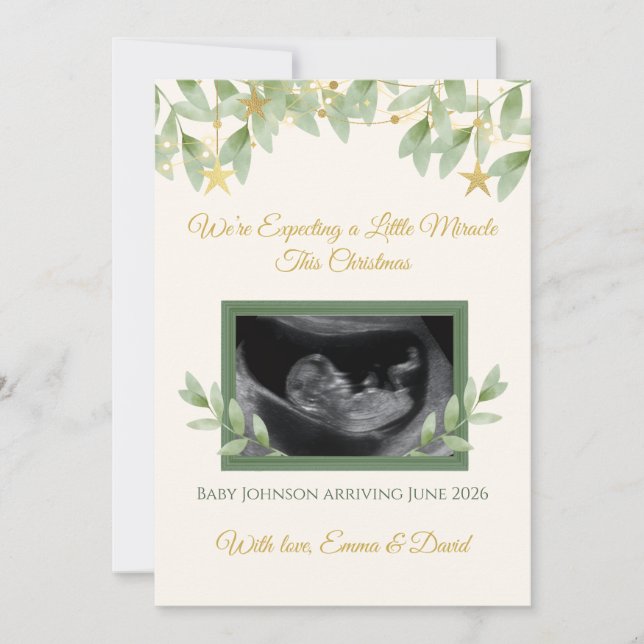 Elegant Gold Greenery Christmas Baby Announcement  (Front)
