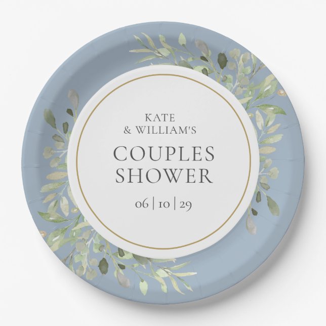 Elegant Gold Greenery Dusty Blue Couples Shower Paper Plates (Front)