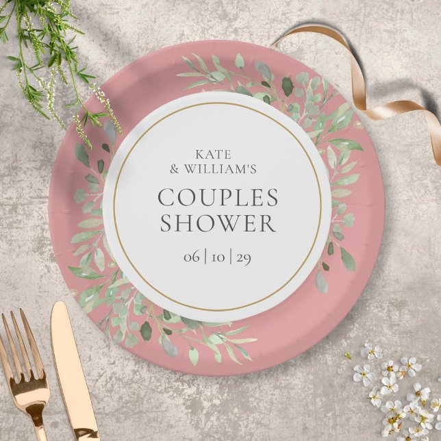 Elegant Gold Greenery Dusty Rose Couples Shower Paper Plates (Creator Uploaded)