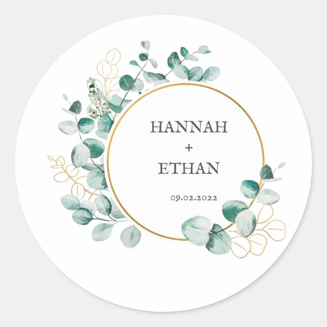 Elegant Gold Greenery Eucalyptus Personalized   Classic Round Sticker (Front)