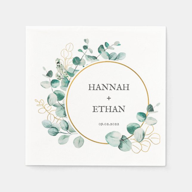 Elegant Gold Greenery Eucalyptus Personalized  Napkins (Front)