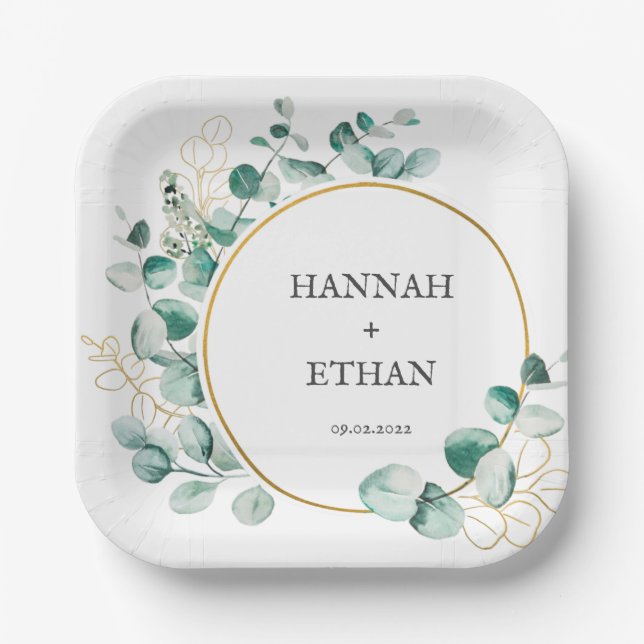 Elegant Gold Greenery Eucalyptus Personalized  Paper Plates (Front)