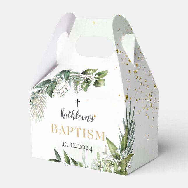 Elegant Gold Greenery Floral Foliage Baptism Favor Boxes (Front Side)
