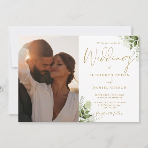 Elegant Gold Greenery Floral Photo Wedding Invitation