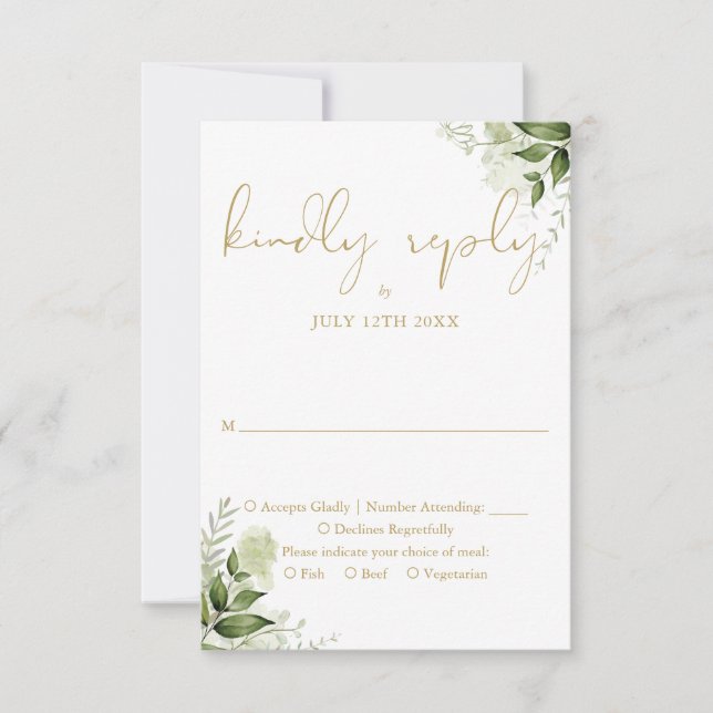 Elegant Gold Greenery Floral Wedding RSVP Card (Front)