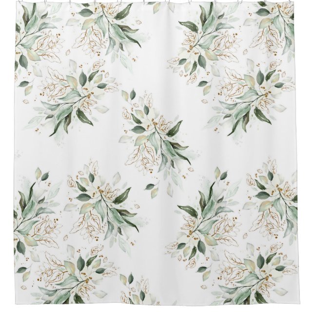 Elegant Gold Greenery Foliage White Modern Shower Curtain (Front)