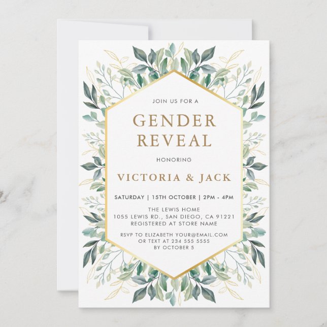 Elegant Gold Greenery Frame Gender Reveal Invitation (Front)