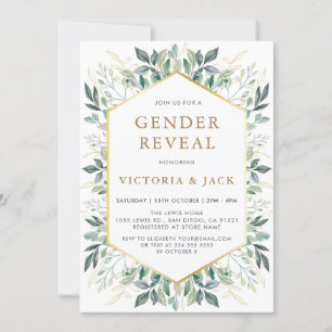 Elegant Gold Greenery Frame Gender Reveal Invitation