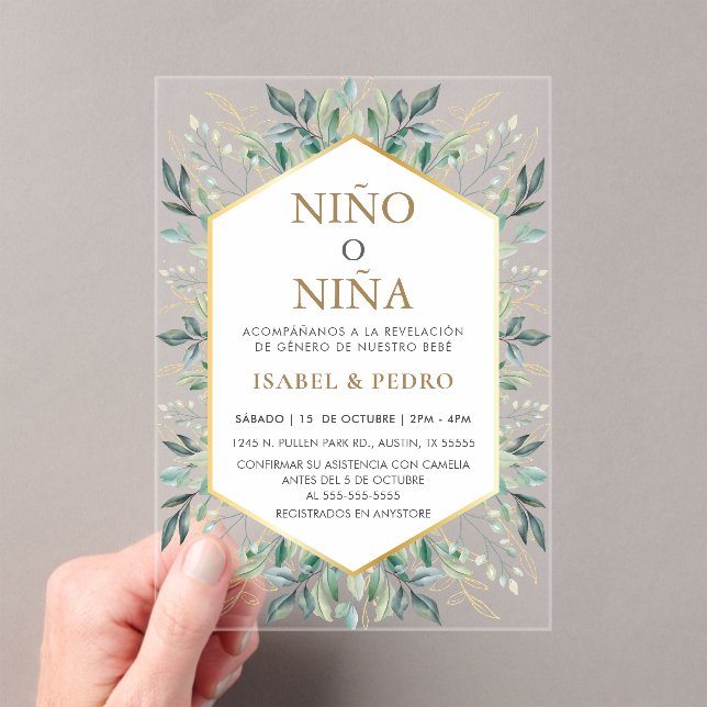 Elegant Gold Greenery Frame Spanish Gender Reveal Acrylic Invitations (Insitu (Handheld))