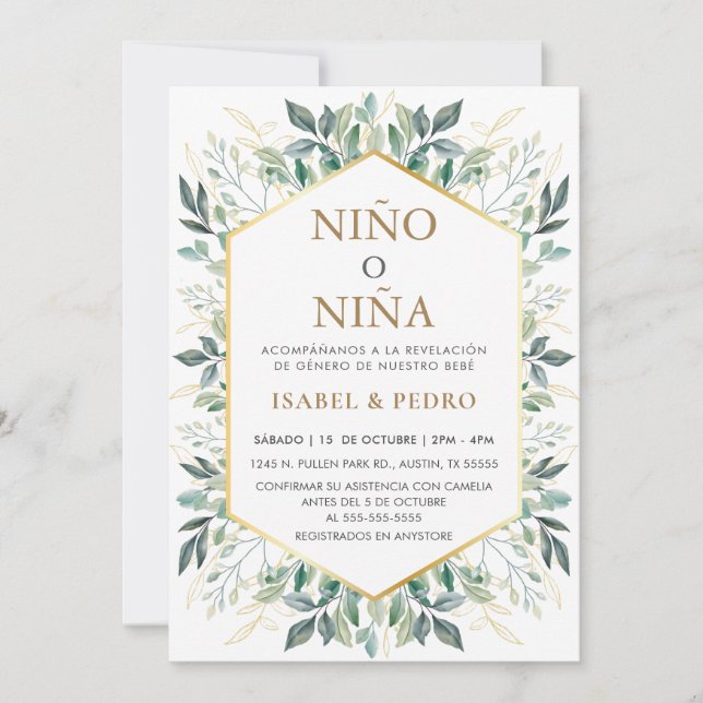 Elegant Gold Greenery Frame Spanish Gender Reveal Invitation (Front)