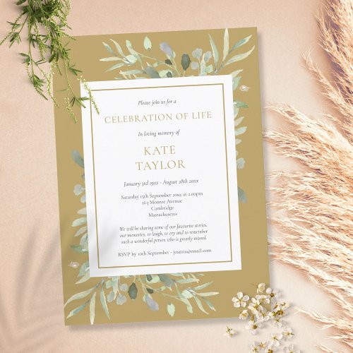 Elegant Gold Greenery Funeral Celebration of Life Invitation