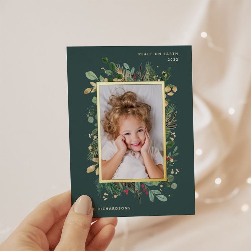 Elegant Gold Greenery  Green with Photo Foil Holiday Postcard