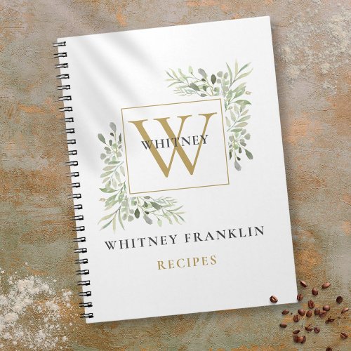 Elegant Gold Greenery Monogram Recipe Cookbook Notebook