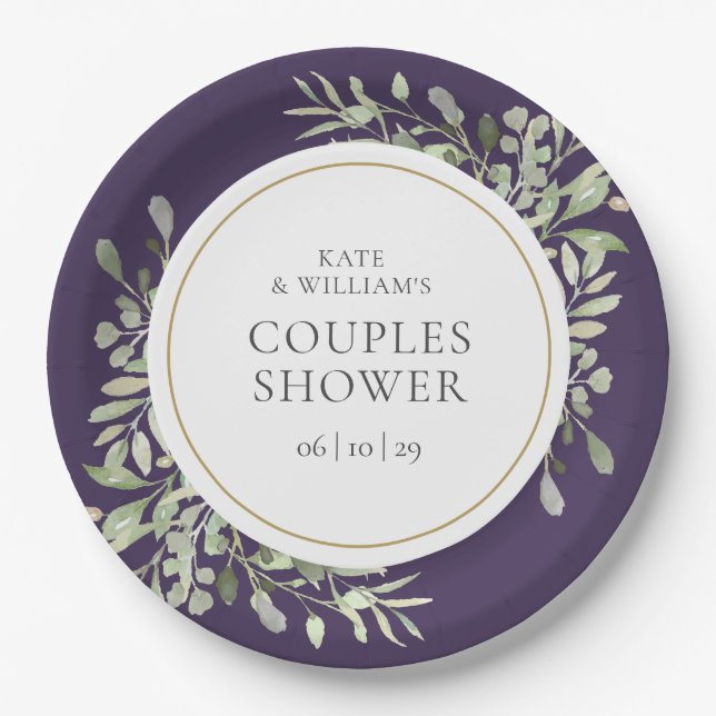 Elegant Gold Greenery Purple Couples Shower Paper Plates (Front)