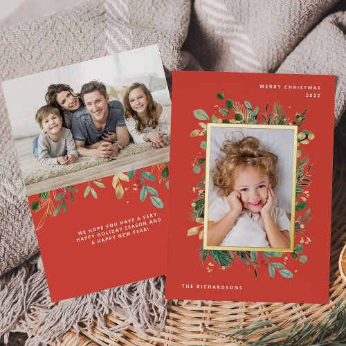 Elegant Gold Greenery  Red with Two Photos Foil Holiday Card