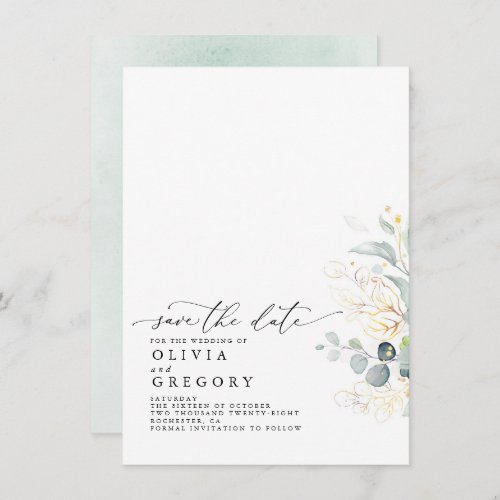 Elegant Gold Greenery Save The Date Announcement