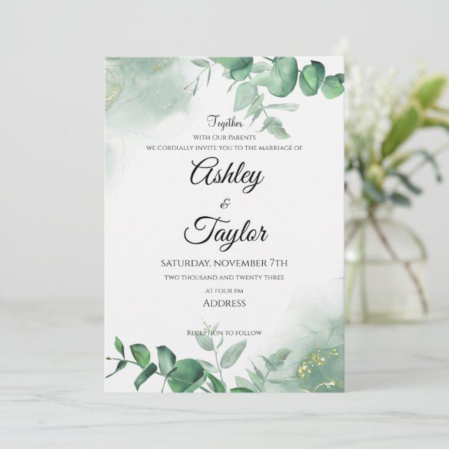 Elegant Gold & Greenery Watercolor Wedding Invitation (Standing Front)