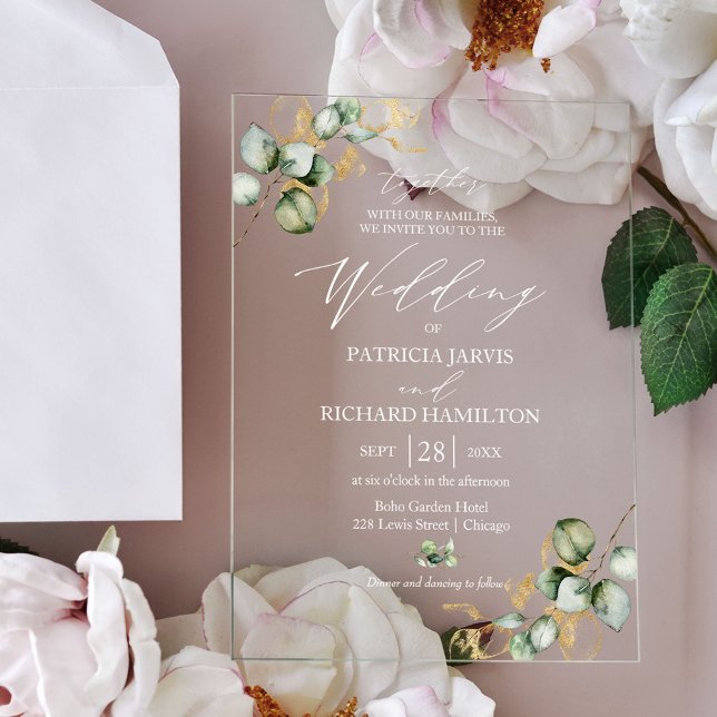 Elegant Gold Greenery Wedding Acrylic Invitations (Creator Uploaded)