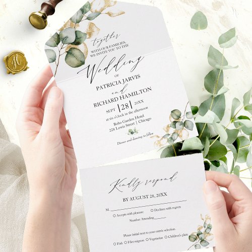 Elegant Gold Greenery Wedding All In One Invitation