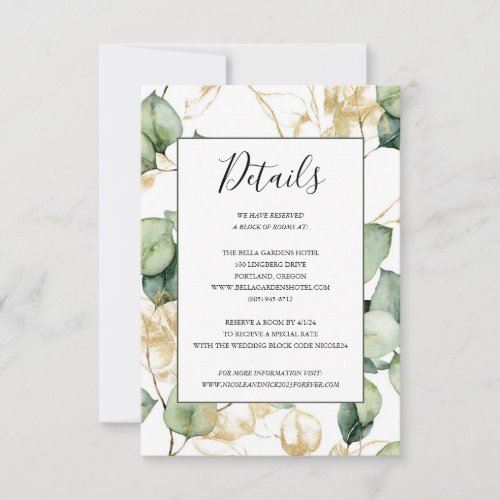 Elegant Gold Greenery Wedding Details Card
